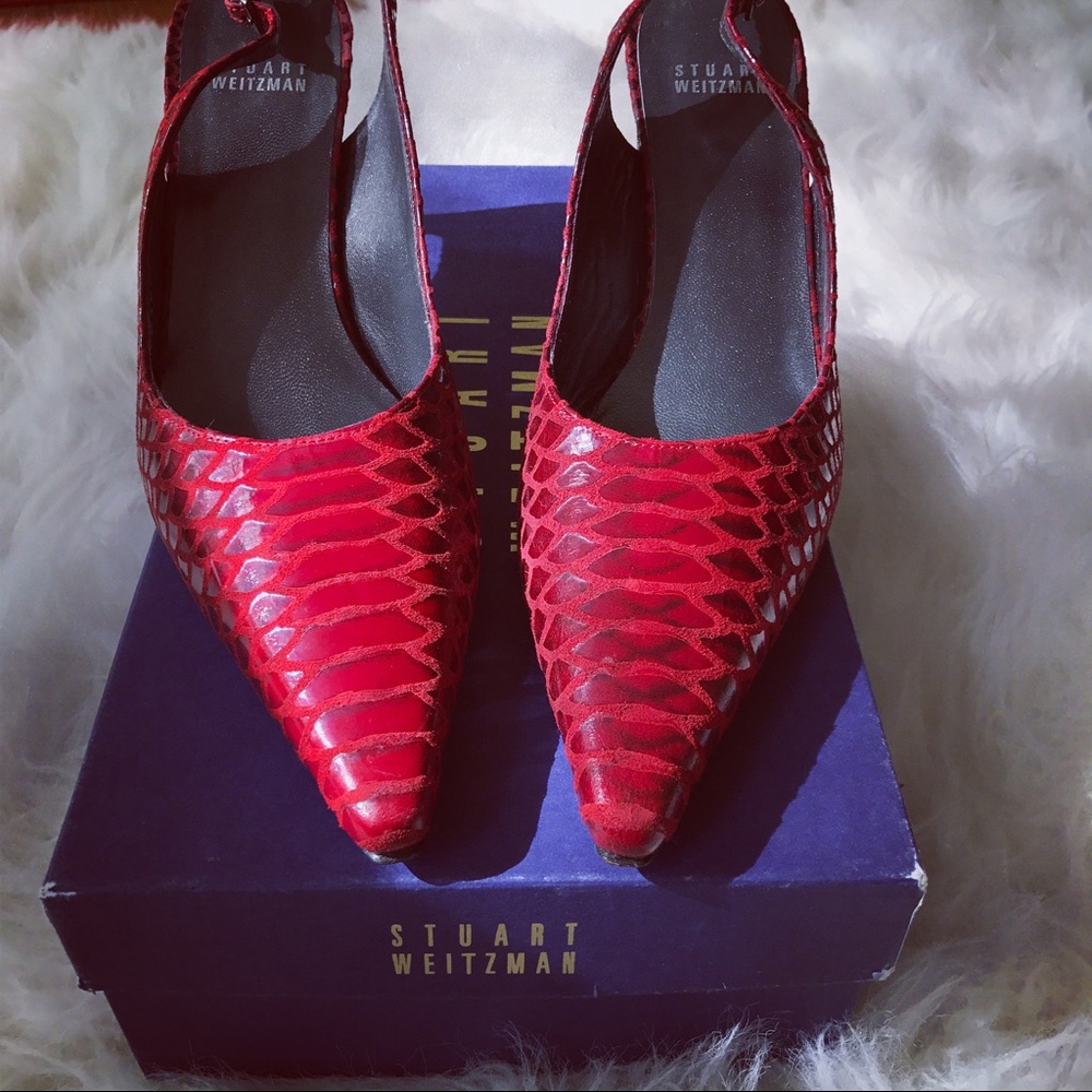 Stuart Weitzman Red Snakeskin Pointed Slingback H… - image 5